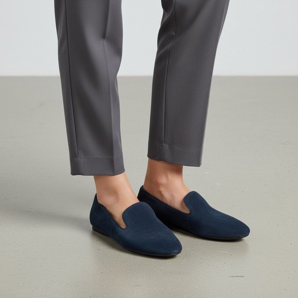 Birdies Womens Loafer Flats Quilted Cushioned Round Toe Blue Suede Logo 8.5